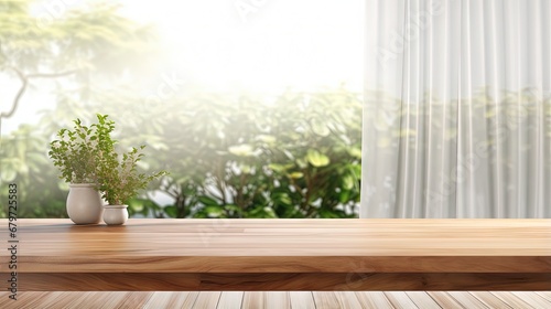 3D rendering of empty fine teak wood table top for products display, beautiful sunlight from a white bay window garden view with blowing sheer curtains in background, Mock up, Backdrop, Home product. © HN Works