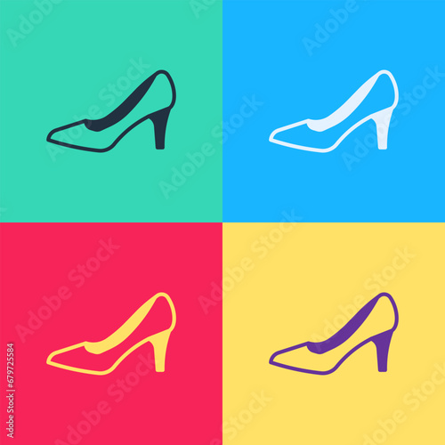 Pop art Woman shoe with high heel icon isolated on color background. Vector