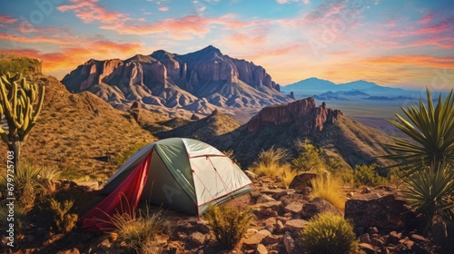 Backcountry Tent Camping in Big Bend National Park, Texas - Ultralight Hiking Gear Tarp Tent Campsite with Prickly Peak Cactus, Chisos Mountains Landscape Background