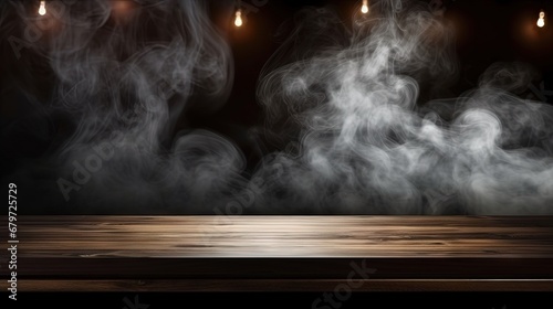 empty wooden table with smoke float up on dark background - Dark wood texture background surface with old natural pattern - wood table on blur of cafe, coffee shop, bar, background - can used for disp