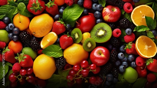 Healthy food background. Collection with color fruits  berries and vegetables