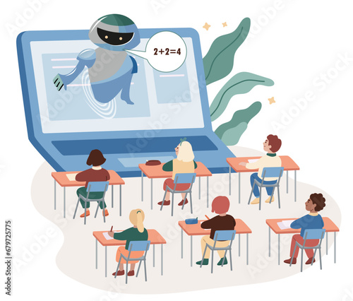 Artificial intellegence teaching children at school. Future technologies. Machine learning. Online education. Vector