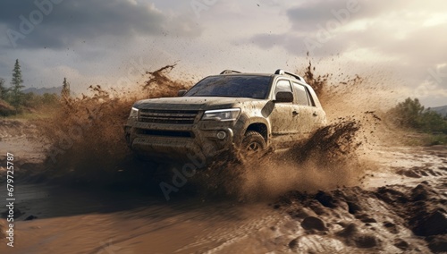 A White Truck Conquering the Muddy Terrain with Grace and Power photo