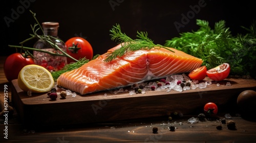 Delicious portion of fresh salmon fillet with aromatic herbs, spices and vegetables - healthy food, diet or cooking concept