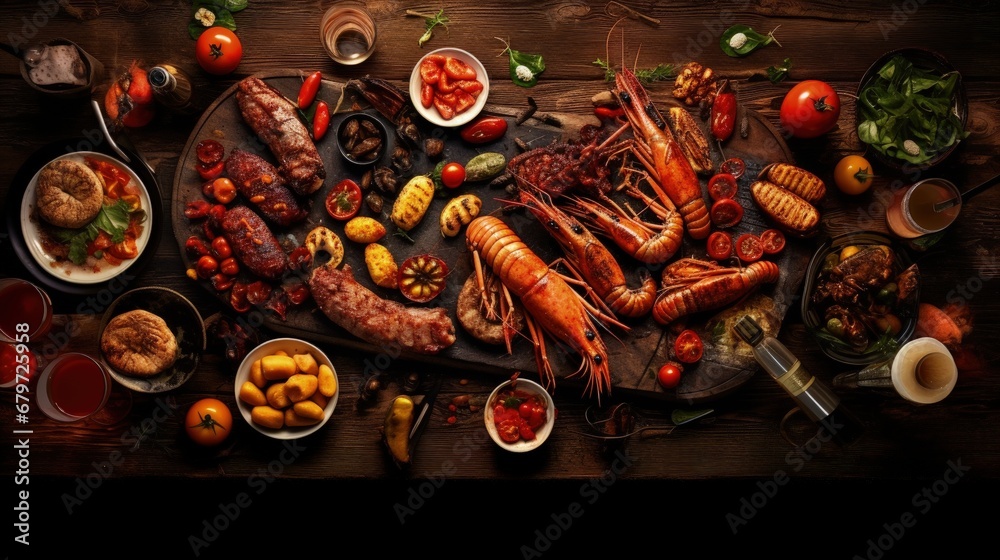 Overhead of dinner table. Assorted delicious grilled barbecue meat and seafood. Pork teaks, trout, mussels, shrimps, dried tomato, cherry tomato, chili pepper, glasses of wine.Bbq party concept.