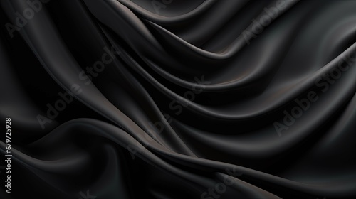 Black silk satin surface. Dark elegant background with space for design. Text or product. Table top view. Flat lay. Template. Empty. Creases in fabric. Folds.