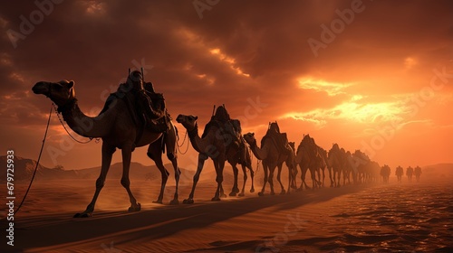 Caravan of camels in the Sahara desert during desert storm  Morocco