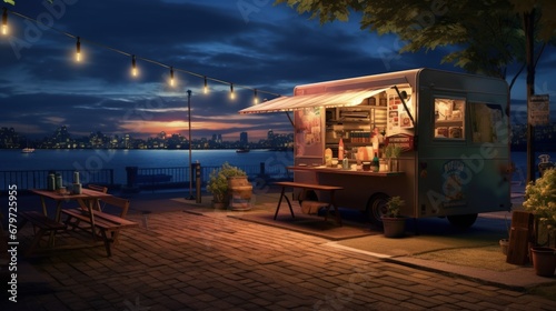 Empty Scene with a Dark Street Food Van Standing in the Evening in a Nice Warmly Lit Neighbourhood Next to the Sea. Food Truck Has Burgers and Drinks for Sale. Tables Have Bottles on Them.