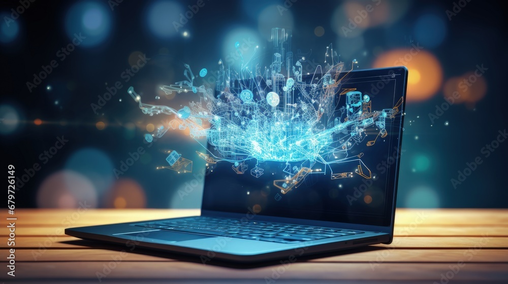 Double exposure of creative artificial Intelligence symbol with modern laptop on background. Neural networks and machine learning concept Double exposure of creative artificial Intelligence symbol with modern laptop on background. Neural networks and machine learning concept