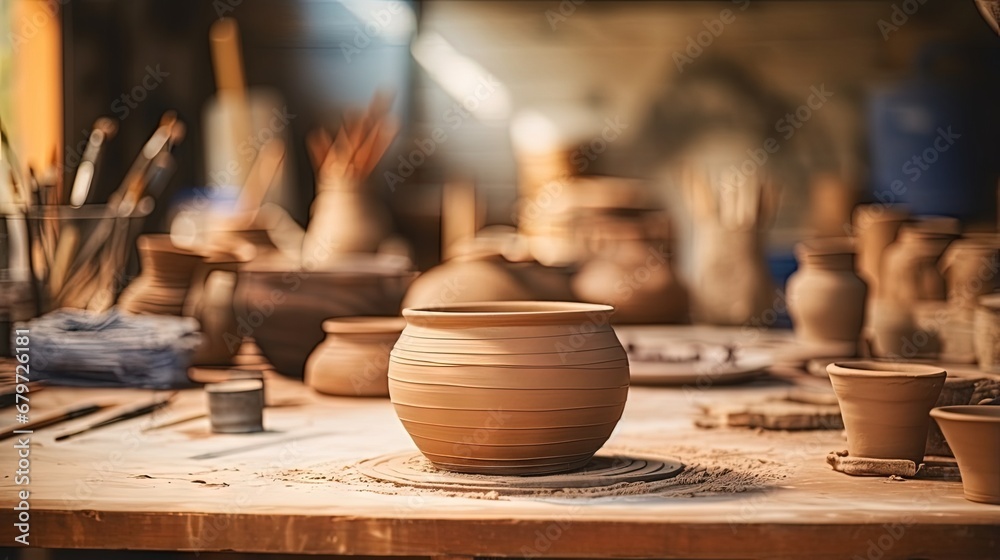 Working tools for making clay pottery in a home workshop on the table.Small business,entrepreneurship,hobby, leisure concept.Selective focus with the shallow depth of field. - obrazy, fototapety, plakaty 
