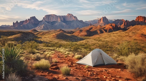 Backcountry Tent Camping in Big Bend National Park, Texas - Ultralight Hiking Gear Tarp Tent Campsite with Prickly Peak Cactus, Chisos Mountains Landscape Background photo
