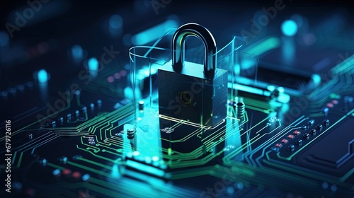 Padlock on computer motherboard. Internet data privacy information security concept. Antivirus and malware multilayer defense.