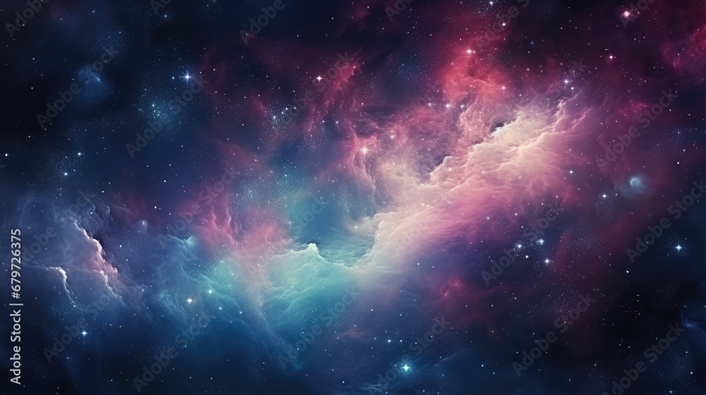 Space with countless stars, turquoise, pink, blue and purple nebulae, galaxies, abstract cosmic background