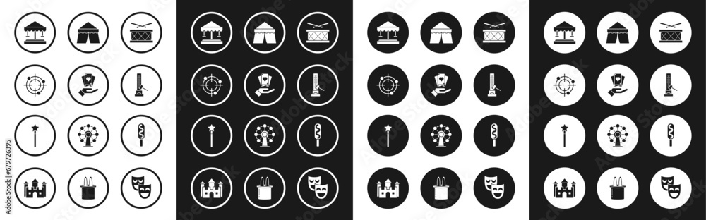 Set Drum with drum sticks, Hand holding playing cards, Target sport for shooting competition, Attraction carousel, High striker attraction big hammer, Circus tent, Corn dog and Magic wand icon. Vector Set Drum with drum sticks, Hand holding playing cards, Target sport for shooting competition, Attraction carousel, High striker attraction big hammer, Circus tent, Corn dog and Magic wand icon. Vector