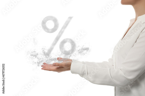 Discount offer. Woman holding illustration of percent sign isolated on white, closeup