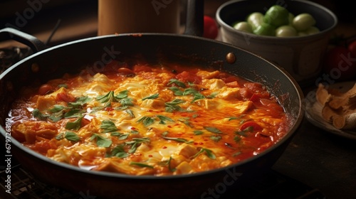 Ema Datshi Bhutanese Chili and Cheese Stew closeup in the pan on the table. horizontal photo