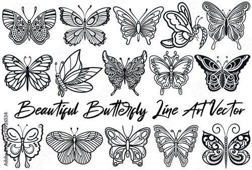 Beautiful Butterfly Line Art Vector Set, Vector Bundle