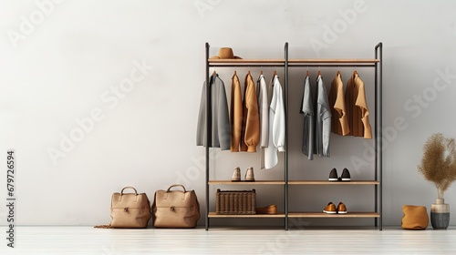 Wardrobe rack with stylish clothes near white wall indoors. Space for text