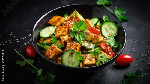 Fried Tofu Salad with Cucumbers and Sesame Seeds. Homemade asian vegetable and tofu salad in ceramic bowl on black stone background. Healthy asian diet vegan vegetarian salad food.