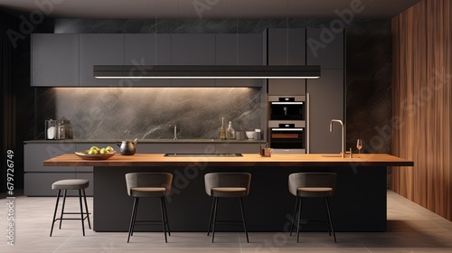 Modern minimalistic kitchen with black and wooden surfaces, marble kitchen island top and household appliances. Modern Concept For Interior Design And Architecture.