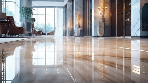 Marble floor in luxury lobby of office or hotel. Clean floor tile with reflections for background. Shiny stone floor in commercial building after professional cleaning service. photo