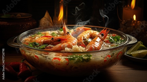 Modern style traditional Mexican seafood pozole soup with fish, king prawns and hominy in a clear sauce served as close-up in design bowl photo