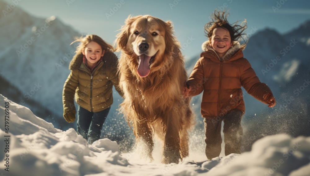A Winter Adventure: Three Children and a Playful Dog Explore the Snowy Wonderland