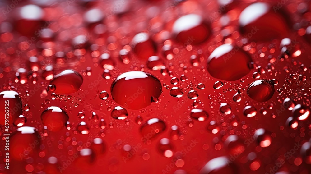 Water droplets on a glass of red cold drink for background and texture. (close up, selective focus, space for text)