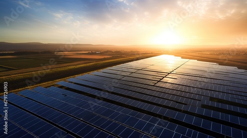 Aerial view of the solar panel in solar farm in evening sun light, West Sussex, UK. photo
