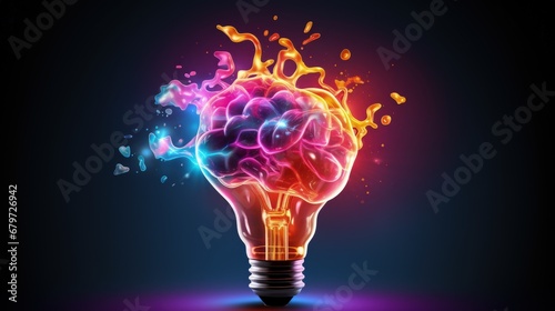 Liquid Color design background fly out of the light bulb with human brain as a idea colorful brain splash Brainstorm and inspire concept.