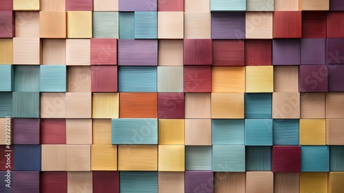 Colored wooden tiles in a arranged pattern, multiple colors. Arranged on a natural white background, with highlight on upper left corner and natural shadows.