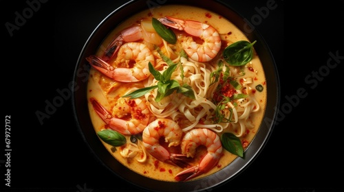 Laksa Shrimp Soup. Prawn noodle laksa soup on black background, top view, copy space. Asian Malaysian food.