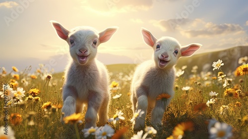 Two little funny baby goats playing in the field with flowers. Farm animals. photo