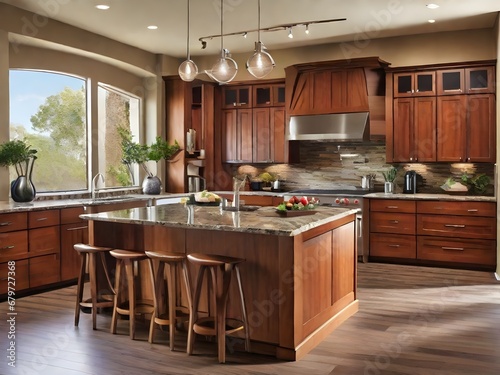 A stylish kitchen with wooden cabinets, granite countertops, and stainless steel appliances