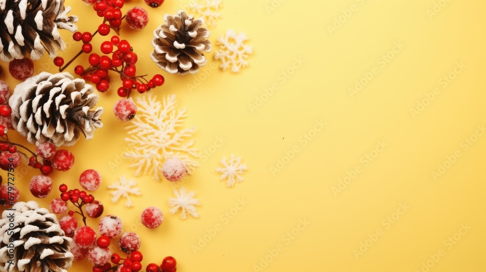  pine cones, berries, and snowflakes are arranged on a yellow background with red berries and pine cones.