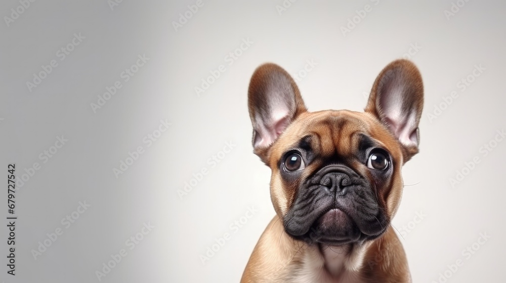 Portrait of cute puupy of French Bulldog ying on back isolated over white studio background. Pretty muzzle. Playful dog. Concept of domestic animal, pet, vet, friendship. Copy space for ad
