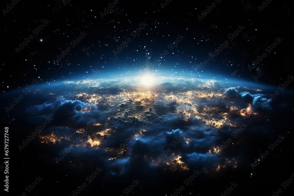 Gorgeous panoramic view of earth globe from space with glowing edge, city lights, and white clouds