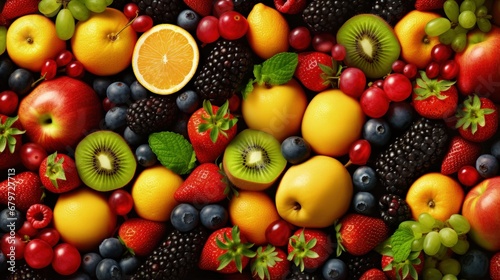 Healthy food background. Collection with color fruits, berries and vegetables photo