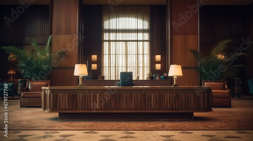 Zoom out shot of cozy hospitality industry resort lounge check in front desk awaiting visitors. Empty warm hotel in luxury hotel lounge interior reception counter ready to welcome tourists