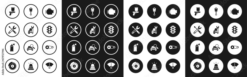Set Check engine, Car service, Screwdriver and wrench tools, Paint spray gun, Traffic light, Engine piston, Timing belt kit and can icon. Vector Set Check engine, Car service, Screwdriver and wrench tools, Paint spray gun, Traffic light, Engine piston, Timing belt kit and can icon. Vector