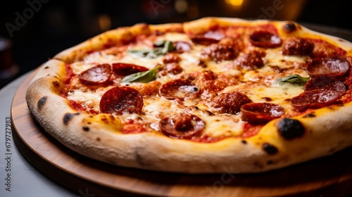 A close-up of a pepperoni and sausage pizza, highlighting the richness of its toppings.
