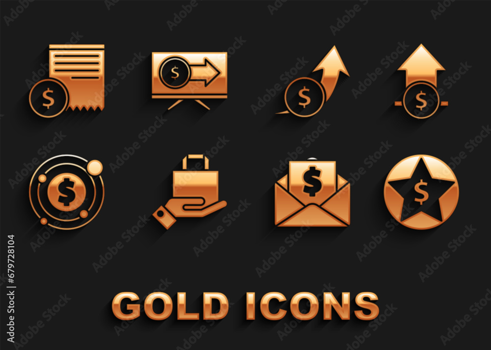 Set Hand and paper shopping bag, Financial growth coin, Star dollar, Envelope with, Target symbol, Paper check financial check and Monitor icon. Vector