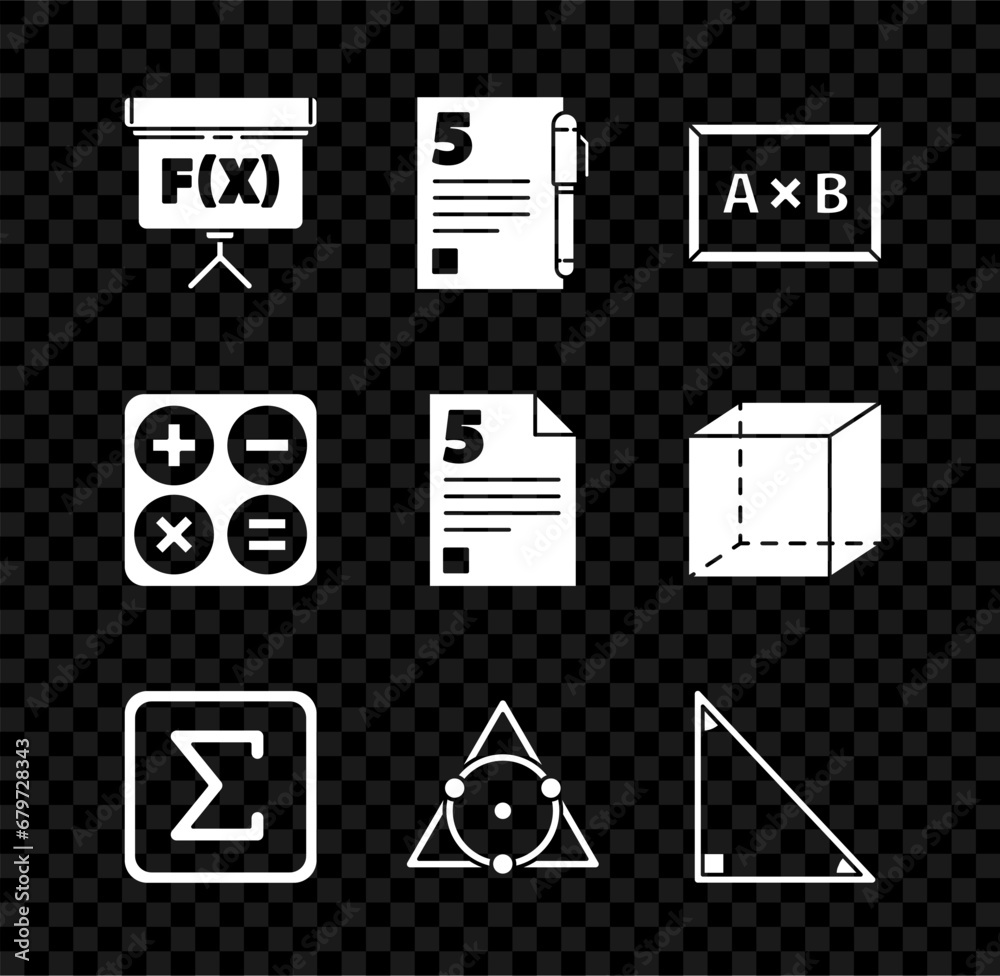 Set Chalkboard, Test or exam sheet and pen, Sigma symbol, Triangle math, Calculator and icon. Vector Set Chalkboard, Test or exam sheet and pen, Sigma symbol, Triangle math, Calculator and icon. Vector