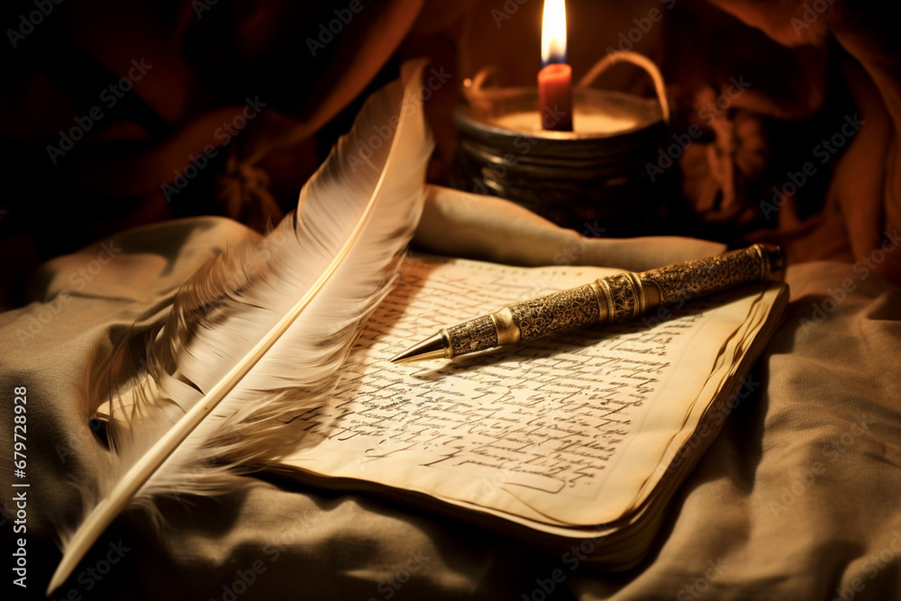 An image of a scribe's quill and parchment, emphasizing the written record of the Christmas story in the Bible. - obrazy, fototapety, plakaty 