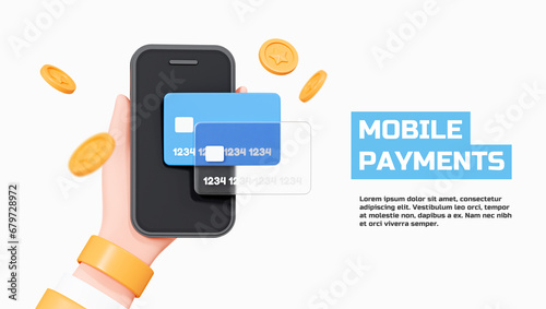 3D Online Payment concept. Hand holds Phone with mobile banking app. Smartphone with credit card and floating coins. Transfer money. Web banner page. Cartoon creative design illustration. 3D Rendering