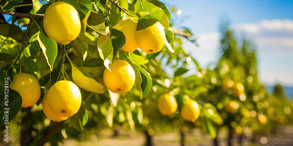 selective focus of ripe lemons hanging from a lemon tree (Citrus × limon) in an expansive lemon orchard with blurred background selective focus of ripe lemons hanging from a lemon tree (Citrus × limon) in an expansive lemon orchard with blurred background