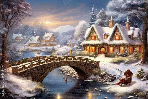 A snow-covered bridge adorned with festive wreaths and garlands, leading to a quaint village nestled in the winter landscape, portraying a picturesque Christmas scene. -