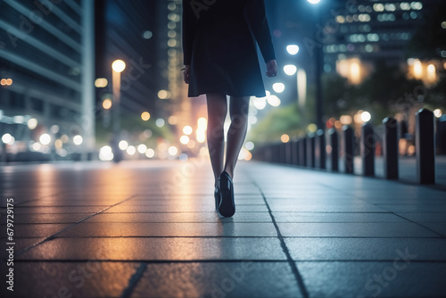Close up of businesswoman walking in background of office building of nightscape. Business concept of working and style.