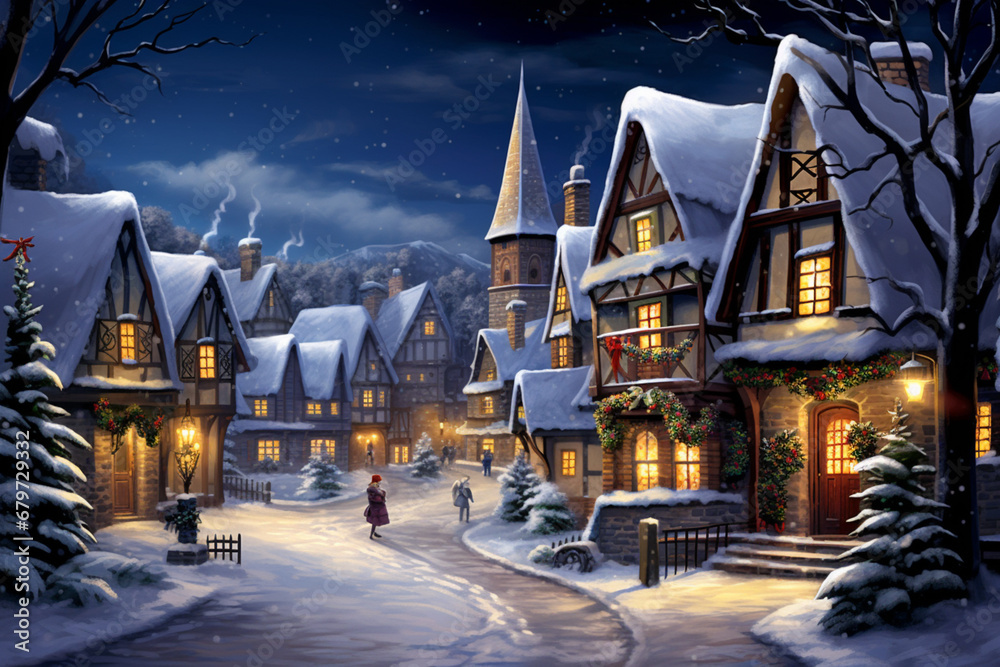 An illustration of a quaint, snow-covered village with festively decorated houses and twinkling lights, evoking the charm of Christmas in a quiet setting.