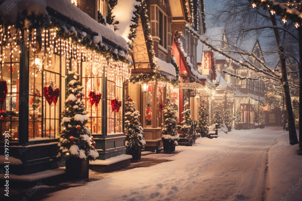 An image of a snow-covered street with storefronts adorned with Christmas decorations, capturing the festive atmosphere of holiday shopping.